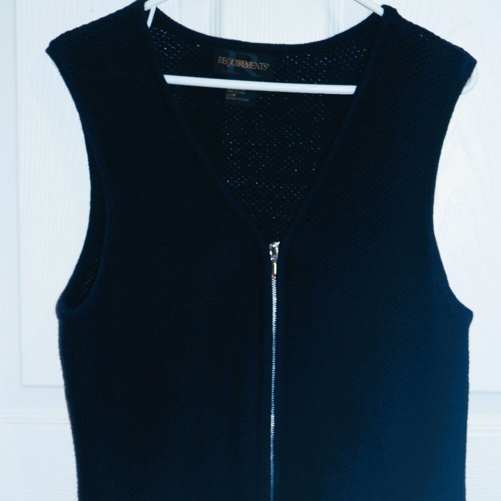 Women's medium knit zip up vest, dark blue. Requirements brand.